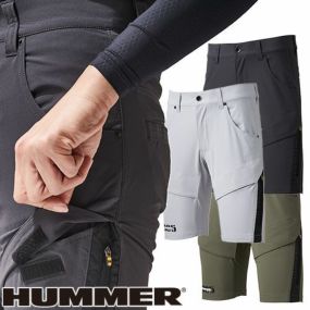 作業服 ハーフパンツ HUMMER ハマー Wストレッチスリムハーフカーゴパンツ 17091 作業着 春夏 軽量 冷感 ストレッチ ドライ