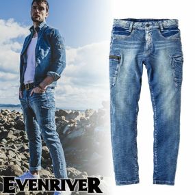 作業服 デニム イーブンリバー EVENRIVER ストレッチデニムカーゴ×9.1 USD912 作業着 春夏 ストレッチ 伸びる 洗い加工 しわ加工 スキニー おしゃれ カッコいい ジーンズ