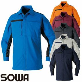 作業服 長袖シャツ 桑和 SOWA  長袖シャツ 9528-02 作業着 春夏 エコ リサイクル 再生繊維 制電 ストレッチ 消臭 イージーケア 男女共用 会社 企業 工場 制服