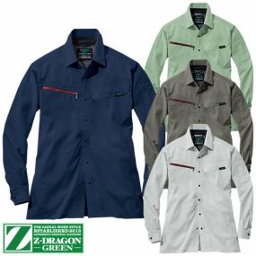 作業着 作業服 長袖シャツ Z-DRAGON GREEN エコ製品制電ストレッチ長袖シャツ 77604 作業着 通年 秋冬 SDGs エコロジカル 環境配慮型 植物由来 エコマーク グリーン購入法対応 帯電防止 男女兼用 シャープなスタイル スタイリッシュ カジュアル